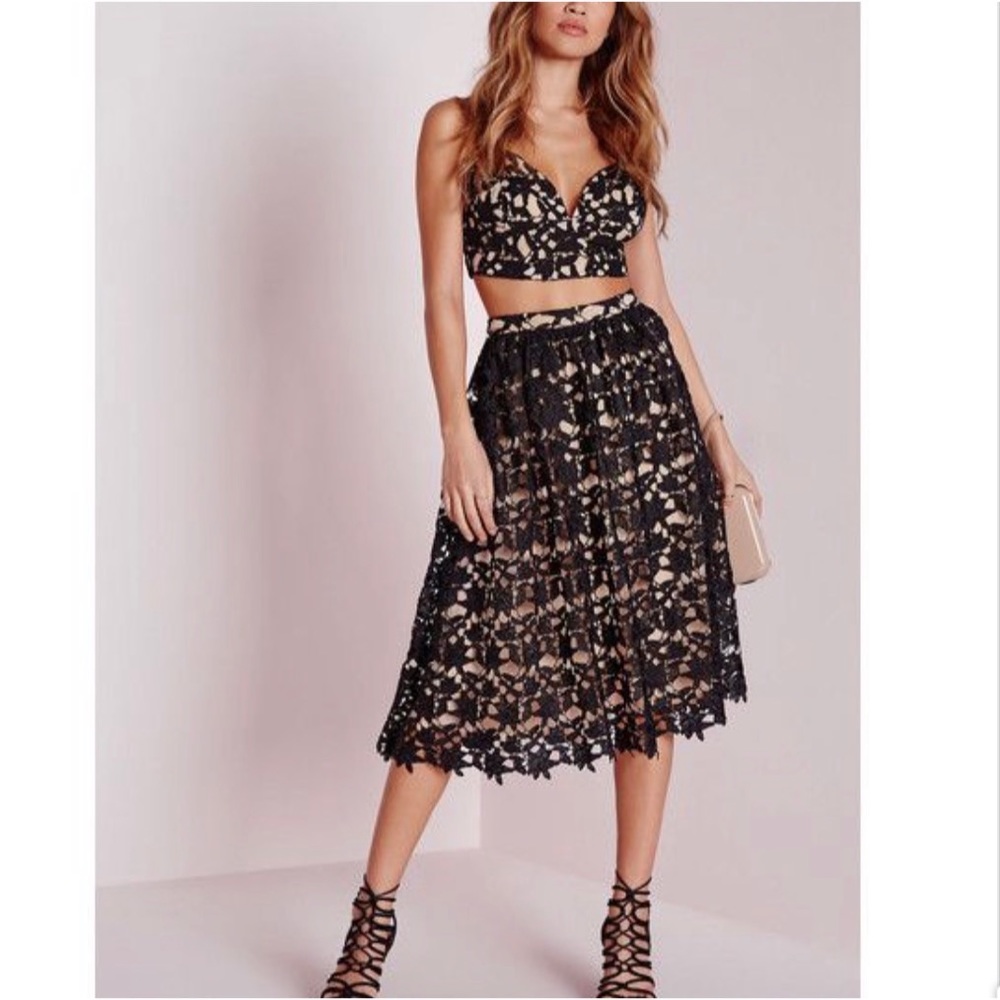 Missguided black/nude lace crop top & midi skirt